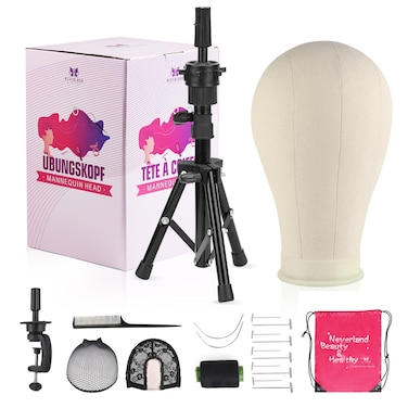 22 Inch Wig Head Mannequin Head with Wig Stand Tripod,Manikin Canvas Head Set for Wigs Making Display with Wig caps,T Pins Set Bristle Brush