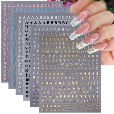 Letter Nail Stickers for Nail Art 6 Sheets Alphabet Nail Decals 3D Self-Adhesive Pegatinas U&ntilde;as English Letter Nail Art Stickers Black White Gold Silver Nail Designs Accessories DIY Manicure Supplies