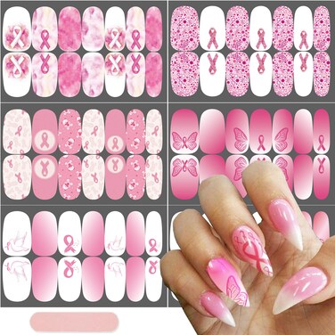6 Sheets Breast Cancer Awareness Gel Nail Stickers Breast Cancer Nail Polish Stickers Pink Ribbon Nail Wraps for Short Nails Gradient Pink Cute Nails Design Fall Holiday Nail Decals for Women Manicure