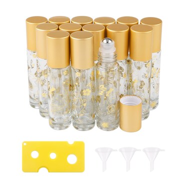 14Pcs Essential Oil Roller Bottles, 10ml Thick Glass Roll on Bottles Lucky Cat Massage Glass Roller Bottles Vials Tubes Containers for Perfumes Aromatherapy Lip Balms, Matte Gold Cap