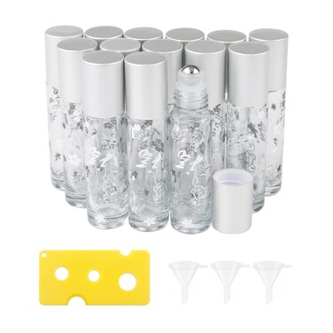 14Pcs Essential Oil Roller Bottles, 10ml Thick Glass Roll on Bottles Lucky Cat Massage Glass Roller Bottles Vials Tubes Containers for Perfumes Aromatherapy Lip Balms, Matte Silver Cap