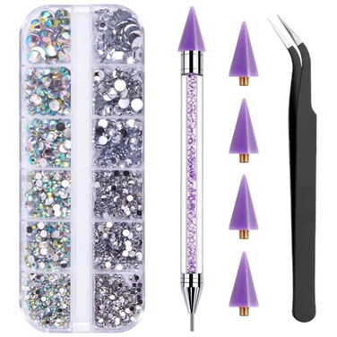 Rhinestone Picker Tool with 4 Wax Tips, 1500PCS Nail Rhinestones &amp; Tweezer, Gems Rhinestones for Nail Art Crafting Bedazzling