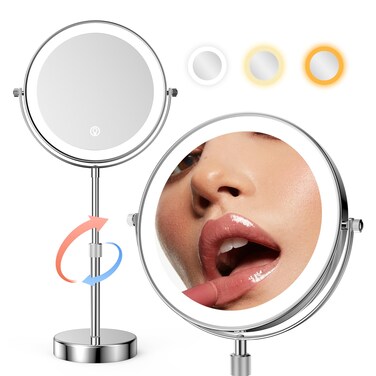 Nicesail LED Lighted Tabletop Makeup Mirror of 8 Inch, Rechargeable Mirror with Light of 3 Colors, Brightness Adjustable, Height Adjustable, Double Sided Mirror in Chrome Finish (8 Inch, 7X)