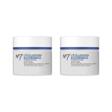 No7 Lift &amp; Luminate Triple Action Fragrance Free Day Cream SPF 30 - Broad Spectrum Anti-Aging Face Cream - Hydrating Hibiscus Peptides &amp; Hyaluronic Acid + Emblica &amp; Vitamin C (2 pack, 1.69 Fl Oz each)