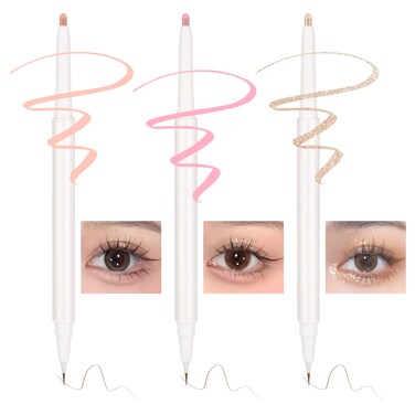 3PC Dual Ended Highlighter Makeup Pen, Glitter &amp; Matte Nude EyeLiner &amp; Eyeshadow, Liquid Contour Liner 2 in 1 Eye Brightener Stick, Mulit-Funtional Long Lasting Lying Silkworm Pencil (#01,#02,#03 )