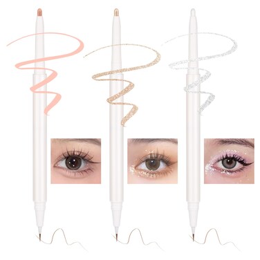 3PC Dual Ended Highlighter Makeup Pen, Glitter &amp; Matte Nude EyeLiner &amp; Eyeshadow, Contour liquid Liner 2 in 1 Eye Brightener Stick, Mulit-Funtional Long Lasting Lying Silkworm Pencil ( #01, #03, #05)
