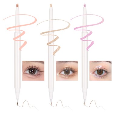 3PC Dual Ended Highlighter Makeup Pen, Glitter &amp; Matte Nude EyeLiner &amp; Eyeshadow, Contour liquid Liner 2 in 1 Eye Brightener Stick, Mulit-Funtional Long Lasting Lying Silkworm Pencil ( #01, #03, #04 )