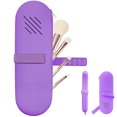 Travel Makeup Brush Holder,Make Up Organizer Bag Case,Cosmetic pouch,Travel Organizer,Silicon Small Makeup Brush Purse Upgrade with Zipper (Deep Purple)