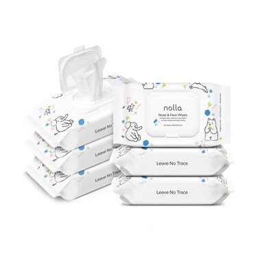 Nolla Baby Nose and Face Wipes with Saline, Vitamin E, &amp; Aloe   Unscented   Compostable, 180 Count (6 Packs of 30)