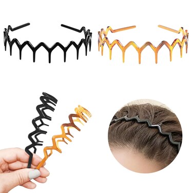 Zig Zag Headbands Classic 90s Plastic Headband with Teeth Wavy Comb Headbands for Women Men, Shark Tooth Headband &amp; Hair Band (1 Black + 1 Brown, Pack of 2)