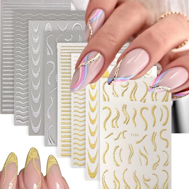 10 Sheets Glitter Lines Nail Stickers French Gold Nail Art Stickers Metallic 3D Self Adhesive Nail Supplies Metal Nail Decals Gold Silver Nail Design Line Glitter Sticker Women DIY Nail Decoration