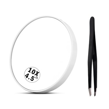 10X Magnifying Mirror, 4.5 Inch Makeup Mirror with Suction Cup and Angled Tweezers Face Mirror Small Mirror Suitable for Eyebrows Beard Remove Blackheads (White)