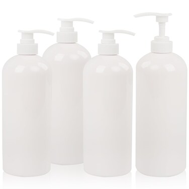 Empty Shampoo Bottles with Pumps,32 Oz Refillable Shampoo &amp; Conditioner Bottles 4-Pack, Black Pump Soap Dispensers, Large 1L Plastic, Eco-Friendly Body Wash Containers (White)