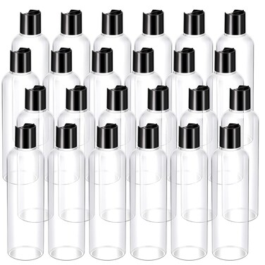 Nuenen 24 Pieces Plastic Empty Bottles Clear Squeeze Travel Containers with Black Disc Cap Refillable Shampoo Travel Bottles for Toiletries Lotion Container for Body Soap Cream(8 oz)
