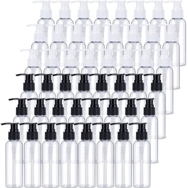 Nuenen 48 Pcs Refillable Empty Lotion Bottles 4oz/120ml Plastic Pump Bottles Conditioner Shampoo Dispenser Leak Proof Pump Container for Body Wash, Creams, Liquid Soap(Black and White)