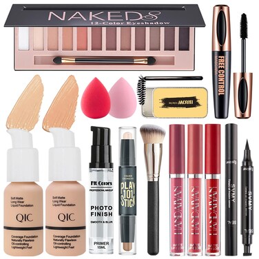 All in One Makeup Kit, Makeup Set Includes 12 Colors Eyeshadow, Foundation &amp; Primer, Lipsticks, Eyeliner, Mascara, Contour Stick, Brow Soap, Makeup Brush &amp; Sponges, Make Up Gift Kit for Women &amp; Teens