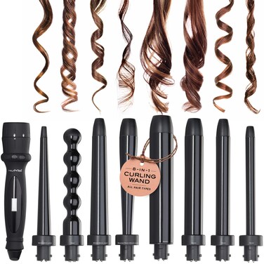 NuMe Octowand 8-in-1 Curling Wand Set, Interchangeable Tourmaline Ceramic Barrels 13mm - 32mm, Heat-Resistant Glove and Travel Case, LCD Digital Display