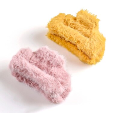 Cute Square Furry Claw Clips for Thick Curly Hair 3.5 Inch Elegant Fluffy Plush Faux Fur Large Hair Clip Catch Accesories for Women and Girls 2-PACK