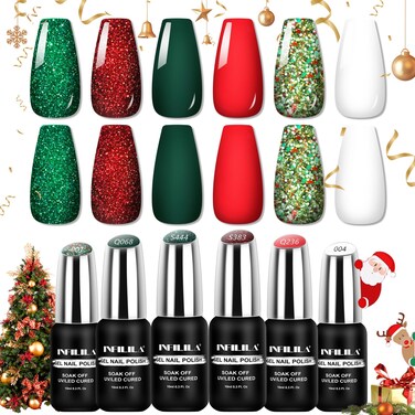 NXJ INFILILA Christmas Gel Nail Polish 6 Colors, Winter Christmas Hema Free Gel Nail Polish Set Sparkle Dark Green Red Glitter Silver New Year Fall Gel Polish Kit Nail Art Manicure Christmas Carol06