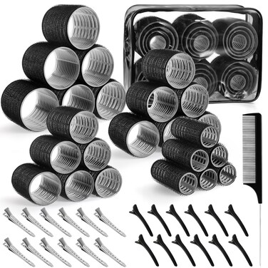 4 Sizes Self-Grip Hair Rollers Set - 50 Pcs Jumbo Curlers for Long, Short Hair and Bangs (25mm, 36mm, 48mm, 60mm) With Clips, Black