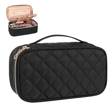 OCHEAL Makeup Bag with Brush Compartment - Small Travel Cosmetic Organizer for Women, Portable Makeup Brush Pouch with Dividers, Cute Toiletry Bag for Girls -Black