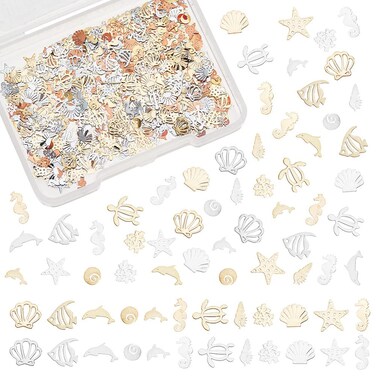 OLYCRAFT 720pcs 24 Styles Sea Theme Nail Art Decorations Brass Resin Fillers Shell Fish Dolphin Nail Art Accessories Mini Nail Art Charms for DIY Crafts Manicure Decorations - Gold/Silver&amp;Rose Gold