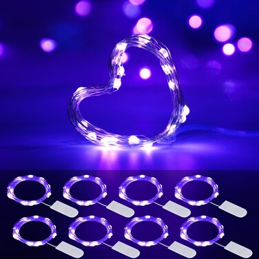 Battery Operated LED UV Black Lights, 8 Pack 6.56ft 20LED UV Lamp Bead Flexible Blacklight Fixtures Purple Fairy String Lights for Mason Jar DIY Gift Fluorescent Glow Party Body Paint Halloween D&eacute;cor