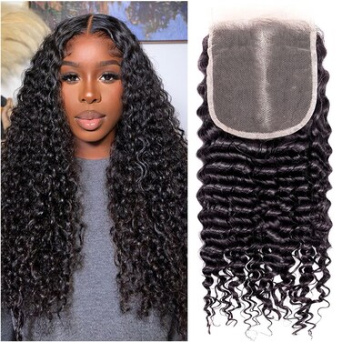 5x5 HD Lace Closure Deep Wave Human Hair Closure SKINLIKE 0.1mm Ultra-Thin HD Lace Closure Human Hair Pre Plucked 12A Virgin Hair Closures for Black Women 14 Inch Curly 5 5 Closure