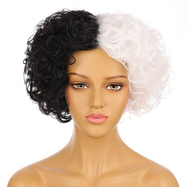 Onedor Women's Iconic Dual-Tone Short Curly Wig &ndash; Striking Black &amp; White Synthetic Hair for Dramatic Themed Events (Style 1)