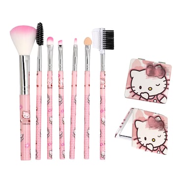 oneZHI Beauty Makeup Brush Set 7 Pcs Pink Pixi Concealer Blush Contour Eyeshadow Brushes Cute Kitty Kawaii Cosmetic Make Up Brushes with Transparent Case Gift for Girls Women (Red)