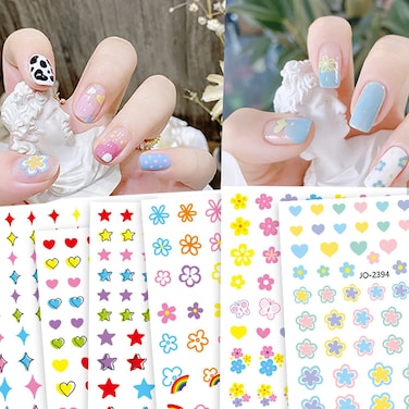 Kawaii Nail Art Stickers Decals, 3D Cute Butterfly Flowers Love Heart Stars Nail Self-Adhesive Sticker Designs, Macaron Nail Transfer Decals Acrylic Supplies for Women Kids Girls Manicure Decorations