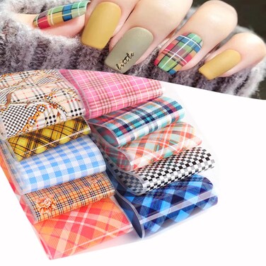Holographic Nail Foil Transfer Stickers Decals, Striped Lattice Nail Polish Sheets Sky Starry Paper Transfer Foils Plaids Nails Supplies for Nail Transfer Glue Women Manicure Nail Film Decorations