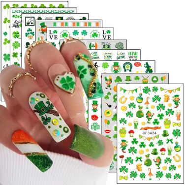 St. Patrick's Day Nail Art Stickers Decal 3D Green Shamrocks Nail Self-Adhesive Sticker Green Dwarf Hat Letters Nail Transfer Decals Designs for Women Girls Manicure Holiday Decorations(10 Sheets)