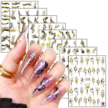 French Line Nail Art Stickers, 3D Gold Black Strip Line Nail Art Transfer Decals Designs, Marble Wave Nail Self-Adhesive Sticker Acrylic Supplies for Women Girls Manicure Decorations, DIY Nail Decal