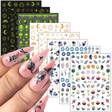 Alien Nail Art Stickers, 3D Planet Astronaut Earth Moon Star UFO Rocket Nail Transfer Decals, Gold Luminous Nail Self-Adhesive Sticker Designs, DIY Resin Nail Decal Manicure Decorations for Women