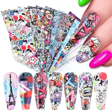 Holographic Nail Foil Transfer Stickers Decals, Graffiti Nail Polish Sticker Sheets, Flower Lips Heart Letter Nail Art Designs Supplies for Nail Transfer Glue Polish, Acrylic Nails Film Decorations