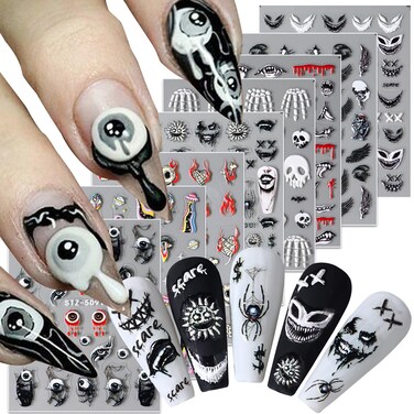 Halloween Nail Art Stickers Decals Black Horror Skull Scary Eyes Skull Demon Nail Self-Adhesive Sticker Designs 5D Engraved Terror Day of The Dead Nail Decal for Women DIY Holiday Decorations
