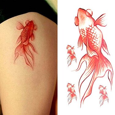 Small Cute Temporary Tattoo Sticker Set of 2 - Red Goldfish Designs for Hand Neck Face Wrist, Waterproof Fake Body Art, Simple &amp; Modern Unisex Skin Decals