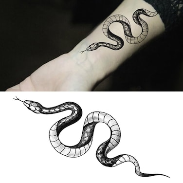 Small Cute Temporary Tattoo Sticker Set of 2 - Halloween Scary Black Snake Designs for Hand Neck Face Wrist, Waterproof Fake Body Art, Simple &amp; Modern Unisex Skin Decals