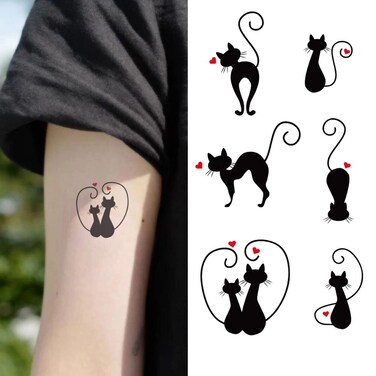 Small Cute Temporary Tattoo Sticker Set of 2 - Black Cat Tail Totem Love Heart Couple Designs for Hand Neck Face Wrist, Waterproof Fake Body Art, Simple &amp; Modern Unisex Skin Decals