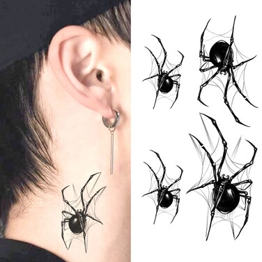 Small Cute Temporary Tattoo Sticker Set of 2 - Halloween Scary Horror 3D Realistic 4Pcs Black Spider Webs Designs for Hand Neck Face Wrist, Waterproof Fake Body Art Unisex Skin Decals
