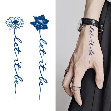 Semi Permanent Lasts 1-2 Weeks Waterproof Small Cute Temporary Tattoos, Realistic Look, No Adhesive, No Reflection Adult Body Art Stickers 2 Sheets Flower Words Quotes Let It Be