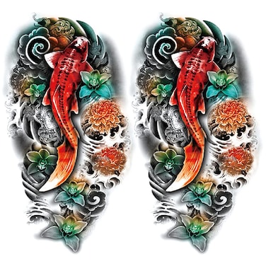 2 Sheets Arm Thigh Waterproof Temporary Tattoo Stickers Wave Flower Lotus Koi Carp Fish