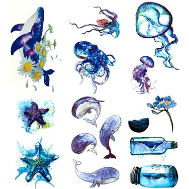 6 Pieces Small Cute Dream Blue Sea Marine Octopus Jellyfish Starfish Whale Drift Bottle Temporary Tattoo