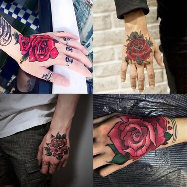 Waterproof 4 Sheets Back of Hand Fake Temporary Tattoo Stickers, Red Rose Flower