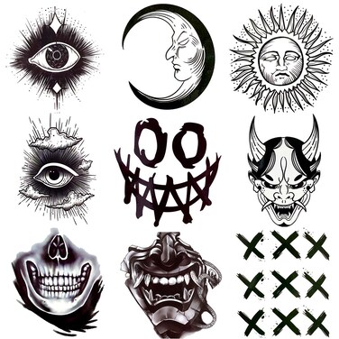 Waterproof 9 Sheets Back of Hand Fake Temporary Tattoo Stickers - Black Halloween Skull Horror Eye Devil Sun Moon Totem (Halloween)