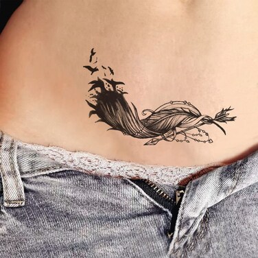 Small Cute Temporary Tattoo Sticker Set of 2 - Belly Cesarean Section Scar Cover Black Feather Birds Arrow Designs for Hand Neck Face Wrist, Waterproof Fake Body Art Unisex Skin Decals