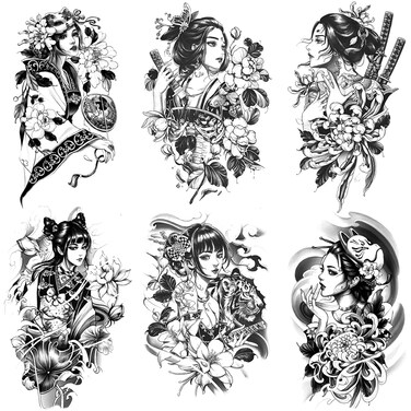 6 Sheets Arm Fake Waterproof Body Art Temporary Tattoos Stickers Black Japanese Geisha Samurai Women Flower Lotus