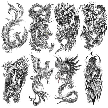 8 Sheets Waterproof Arm Body Art Temporary Tattoo Stickers Black Flying Dragon Phoenix