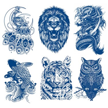 6 Sheets Semi Permanent Fake Waterproof Temporary Tattoo Adult Body Art Long Lasts 1-2 Weeks, Animal Set Peacock Lion Koi Carp Tiger Owl Dragon Deep Blue, Realistic Body Art Sticker